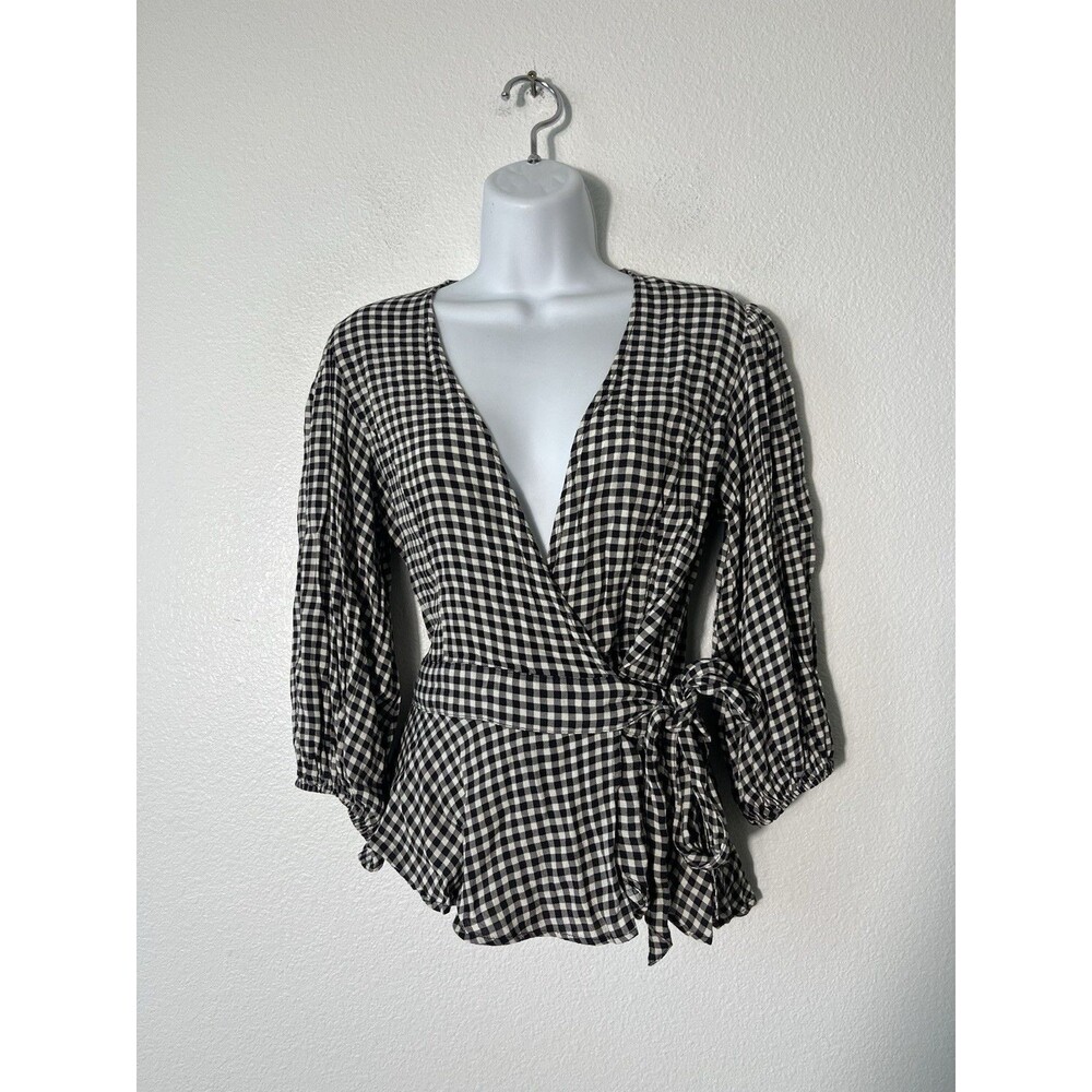 Ganni Gingham Wrap Top Balloon Sleeve Black White Blouse Women’s Size EU 38/US 6 - Picture 3 of 9